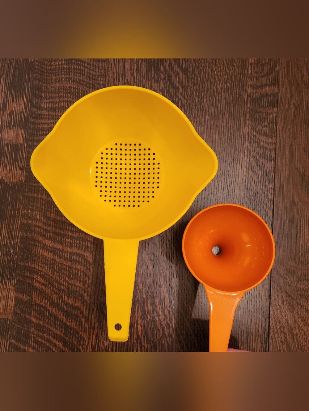 Vintage Tupperware Yellow Colander and Orange Funnel Set of 2 EUC $18